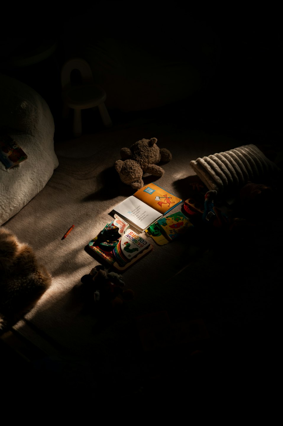 Kinderbücher und Spielzeug auf einem Teppichboden verstreut.