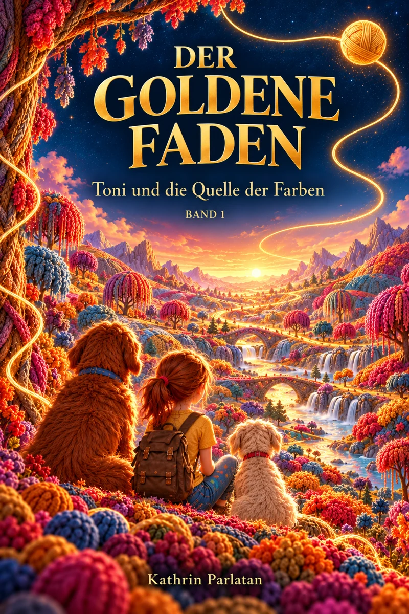 Buchcover: Der goldene Faden – Toni und die Quelle der Farben, Band 1, von Kathrin Parlatan.
