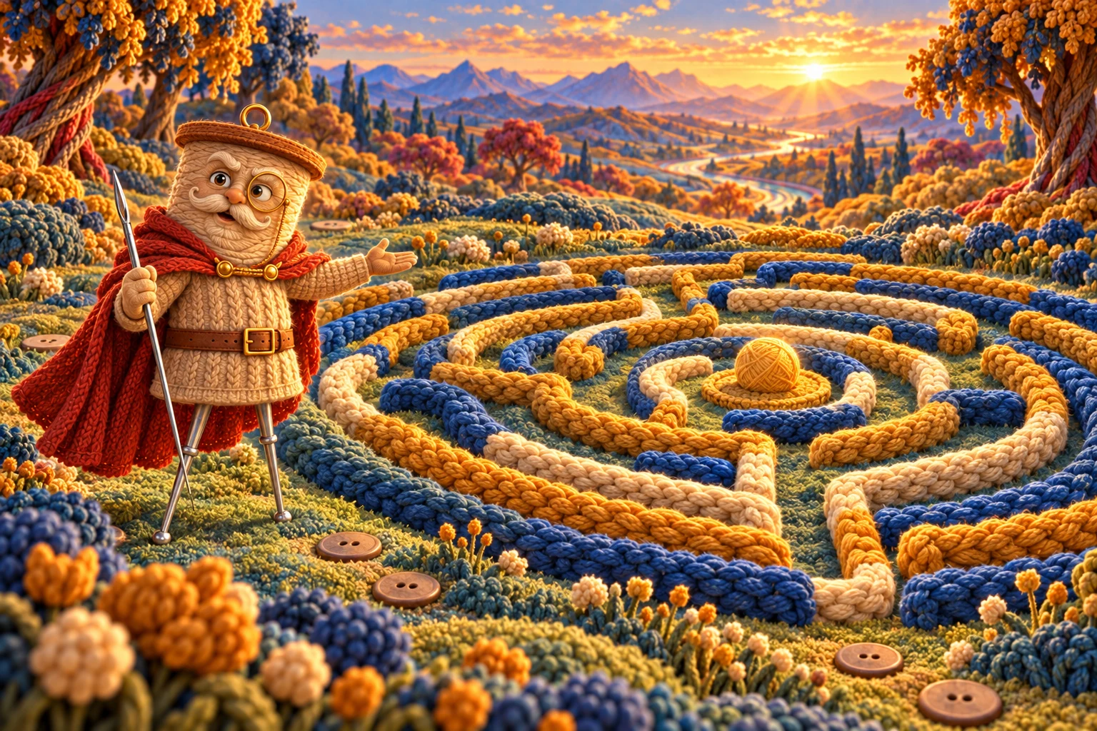 Sir Stitchington steht neben einem großen Labyrinth aus bunten Wollfäden und lädt zum Rätseln ein.