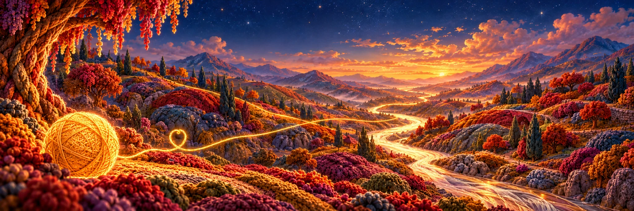 Eine weite Landschaft aus bunten Wollhügeln und Garnbäumen im warmen Licht.