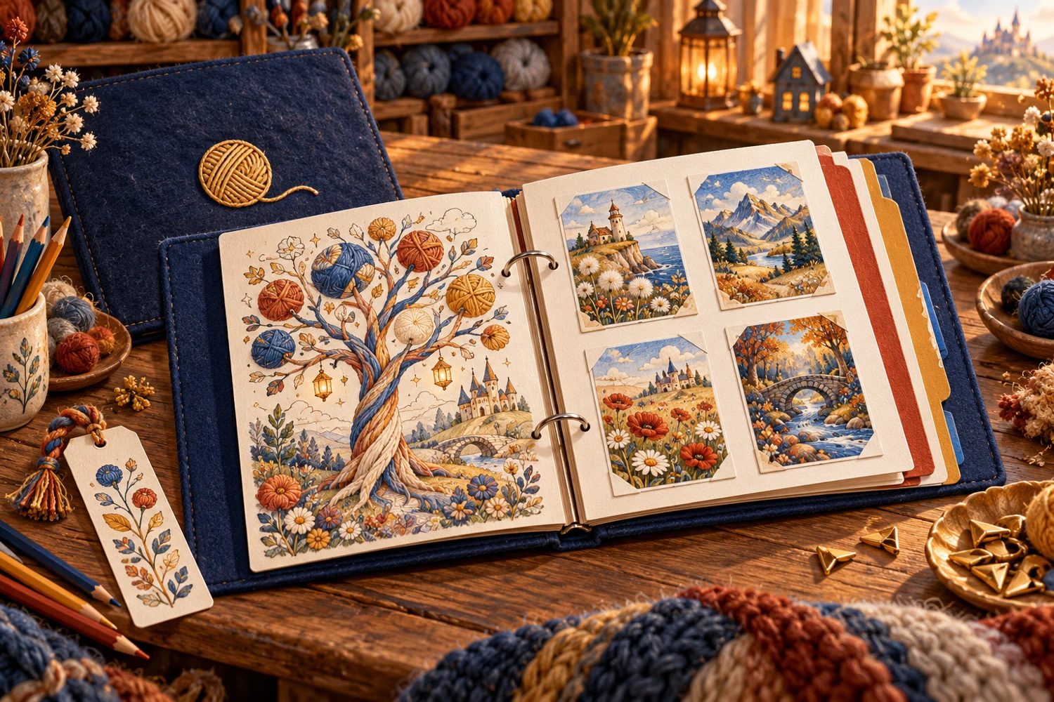 Eine offene blaue Ringbuchmappe mit illustrierten Blättern, Sammelkarten und farbigen Registern auf einem Basteltisch.