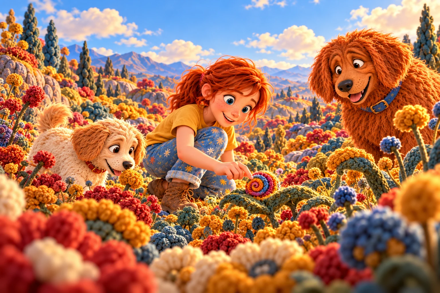 Toni und ihre Hunde entdecken eine Landschaft aus Wollblumen und bunten Garnwegen.