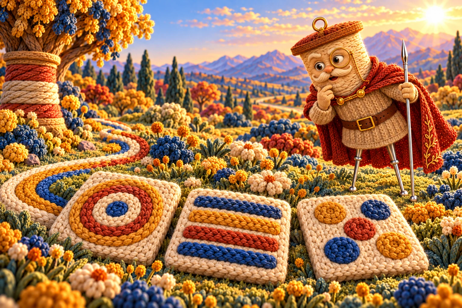 Sir Stitchington betrachtet bunte Garnmuster an einem Tisch.